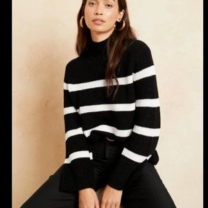 Flowy Black and White Striped Mockneck Sweater, XS